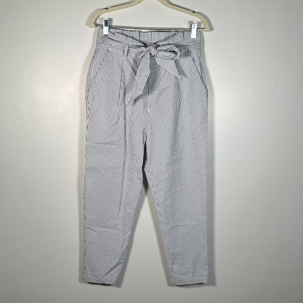 H&M Striped Paperbag Waist Pants Size 8 (M) Cotton Tie Belt Ankle Chic Costal